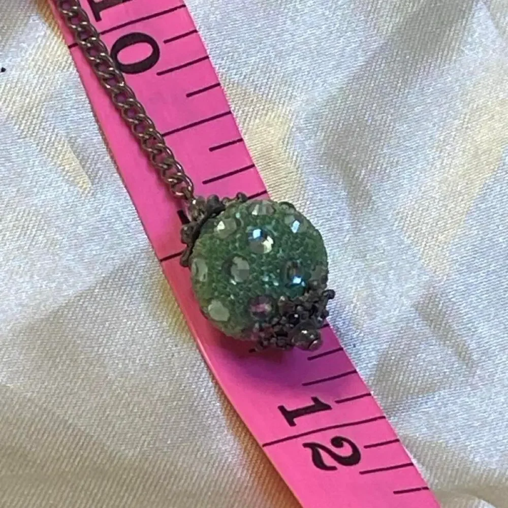 Mid-Century Vintage Green Jeweled Orb Y Necklace Romantic Old-World Silver Tone